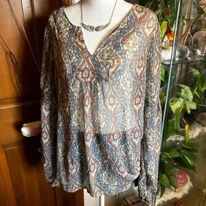 Vintage 70s Peasant Blouse Paisley Print Long Sleeve Sheer Top Sz XL